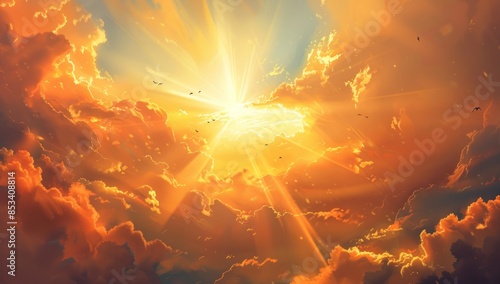 Golden Sky with Bright Sun and Birds