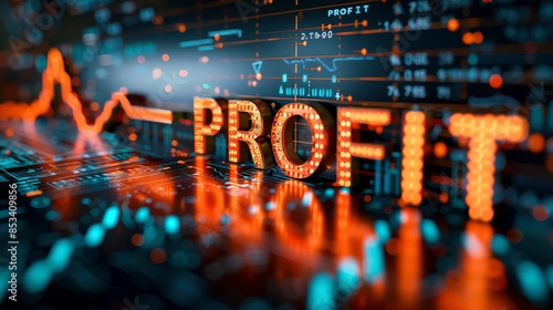 The word "PROFIT" in glowing lights against a background of data and a financial chart.  A stock market concept.