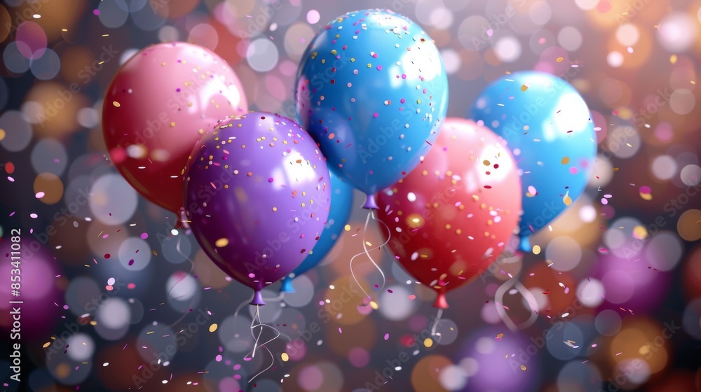 Vibrantly colored balloons and confetti on a blurred background. Vibrantly colored balloons and confetti on a blurred background.