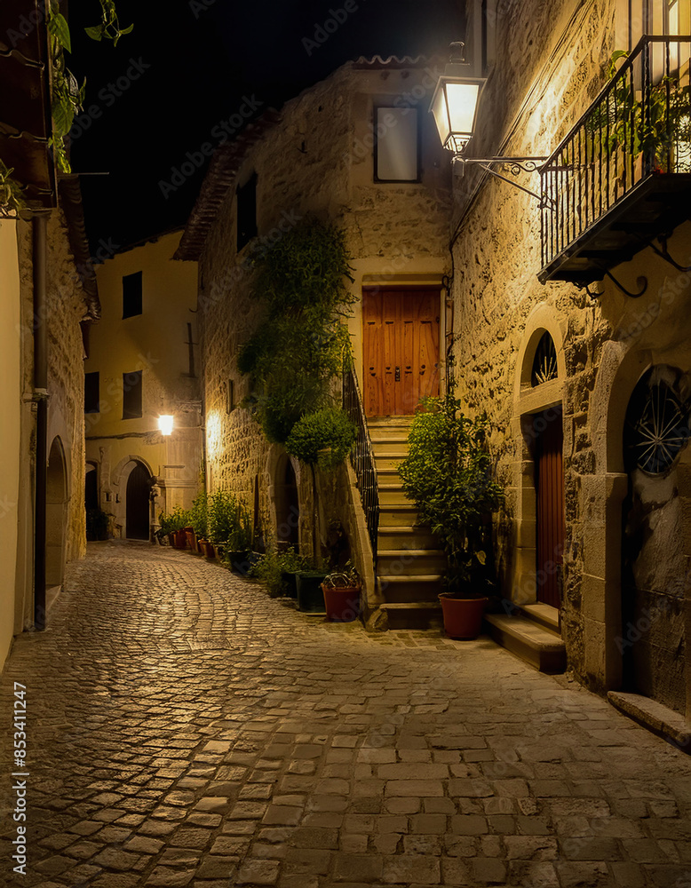 Fototapeta premium Cobblestone alley bathed in warm lights at dusk