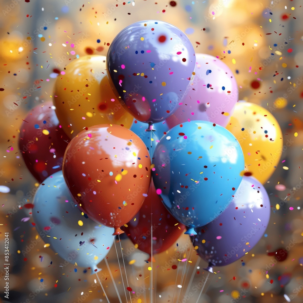 Vibrantly colored balloons and confetti on a blurred background. Vibrantly colored balloons and confetti on a blurred background.
