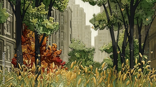 An embossed illustration of a pocket park in a city - a little oasis of trees, grass, flowers photo