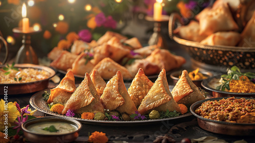 Tasty Indian Samosas on Plate, Sprinkled with Fresh Cut Leaves