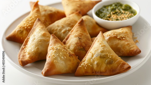 Delicious Warm Samosas on Plate with Sprinkled Cut Leaves, Indian Cuisine