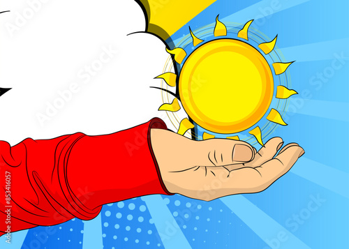 Cartoon, comic book human hands holding Summer Sun. Retro vector comics pop art design.