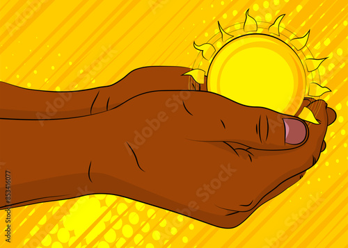 Cartoon, comic book human hands holding Summer Sun. Retro vector comics pop art design.