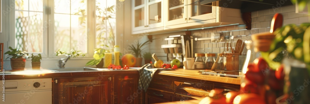 A kitchen bathed in warm sunlight, featuring rustic wooden cabinets, a window with a view of greenery, and a countertop scattered with fruits and vegetables. A kitchen bathed in warm sunlight, featuring rustic wooden cabinets, a window with a view of greenery, and a countertop scattered with fruits and vegetables.