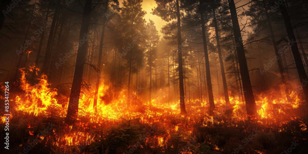 Wildfire forest fire in the afternoon. Grass and trees are burning. Grass is burning in meadow. Fire and smoke destroy all life. Ecological catastrophe concept. Wildfire forest fire in the afternoon. Grass and trees are burning. Grass is burning in meadow. Fire and smoke destroy all life. Ecological catastrophe concept.