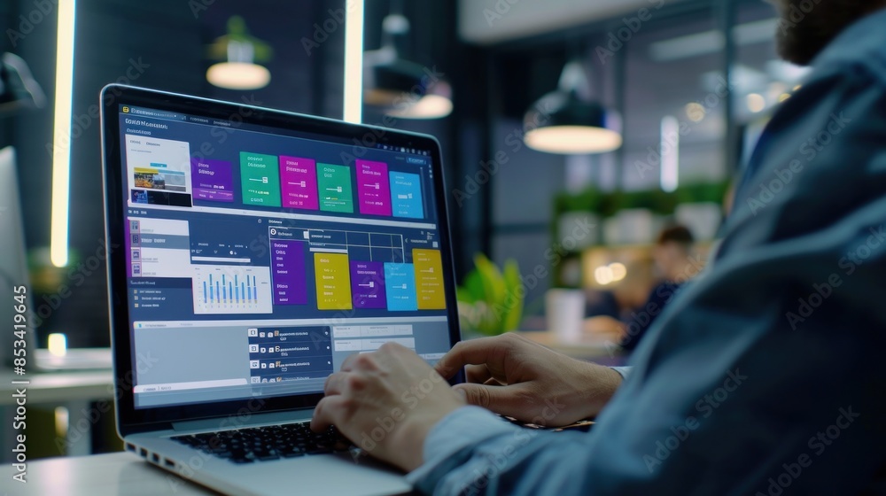Businessman developer using Kanban board framework on laptop computer. Software development management tools.AI generated image Businessman developer using Kanban board framework on laptop computer. Software development management tools.AI generated image