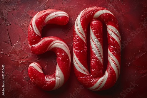 Imagin a candy cane striped background announcing a Sweet Holiday 50 off Sale in festive, peppermintinspired typography photo