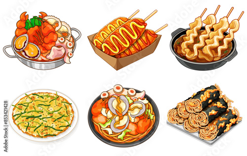 Korean food set menu illustration vector. Seafood Hot Pot (Haemul Jeongol).
Korean seafood noodle (Jjamppong). 
Gimmari Crispy fried seaweed rolls.
Corndog sausage. 
Pajeon pancake. Odeng fish cake.