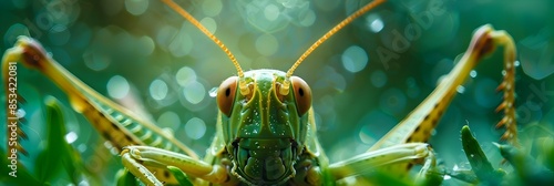 Striking Macro Photograph of a Grasshopper s Compound Eyes and Intricate Wing Veins Against Lush Green Foliage Backdrop photo