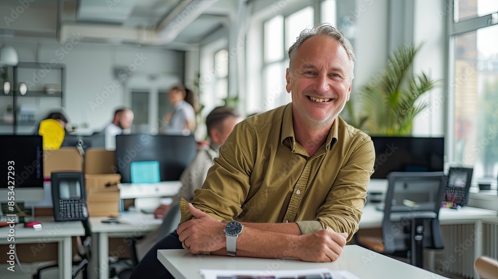 A cheerful middle-aged entrepreneur leaning on a desk with a bright smile, looking at the camera in an open-plan office. A cheerful middle-aged entrepreneur leaning on a desk with a bright smile, looking at the camera in an open-plan office.