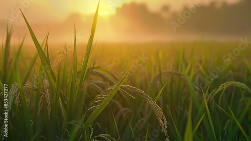 Serene anime rice field at dawn, mist rising, warm hues, close-up of rice stalks, tranquil atmosphere, low-angle shot. © Thanthara