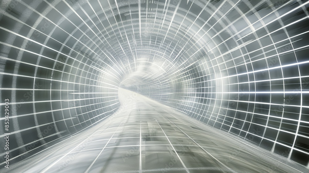 Obraz premium Abstract modern background with grid light effects and transparent wall, creating depth perspective in an empty room tunnel, featuring white gradient softness and glass-like style elements.
