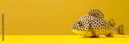 Striped boxfish web banner. Striped boxfish isolated on yellow background with copy space. photo