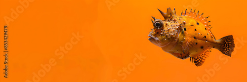 Horned boxfish web banner. Horned boxfish isolated on orange background with copy space. photo