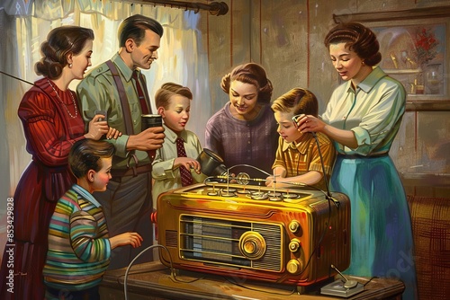 a retro style painting of a family gathered around a vintage radio