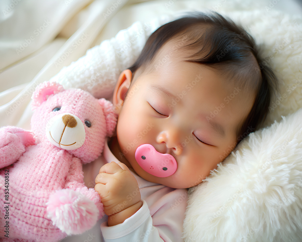 Asian baby sleeps sweetly with a pacifier in his mouth hugging a pink bear Asian baby sleeps sweetly with a pacifier in his mouth hugging a pink bear