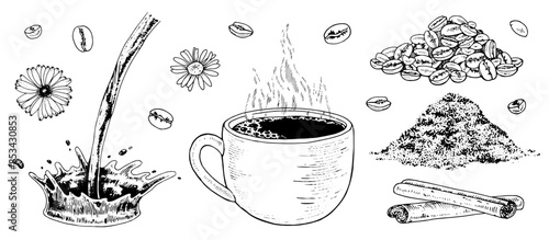 Coffee set. Vector hand drawn illustration of a cup of coffee with cinnamon and beans. Black and white vintage art. Pouring drink for design. Retro style cliparts for shops and bakeries