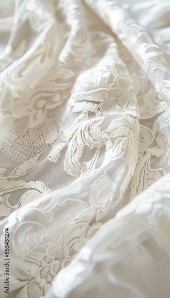 Bridal Brocade Elegance: White Patterns Close-Up - Ornate and Intricate Detail, Minimal Background - Rich Wedding Material - High-Quality Brocade Photography - Stunning Bridal Design Bridal Brocade Elegance: White Patterns Close-Up - Ornate and Intricate Detail, Minimal Background - Rich Wedding Material - High-Quality Brocade Photography - Stunning Bridal Design