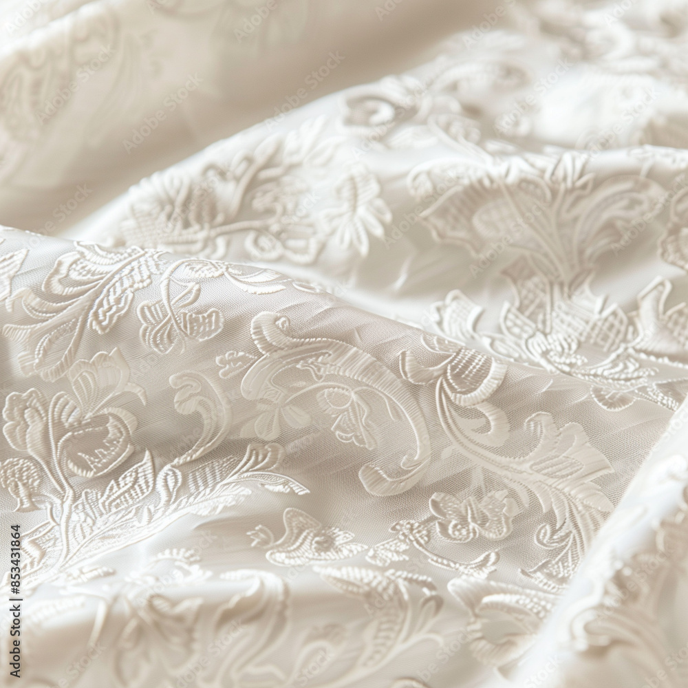 Ornate White Brocade Fabric: Bridal Patterns - Close-Up Texture, Minimal Background - Elegant Wedding Material - Intricate and Rich Visuals - High-Quality Bridal Brocade Photography