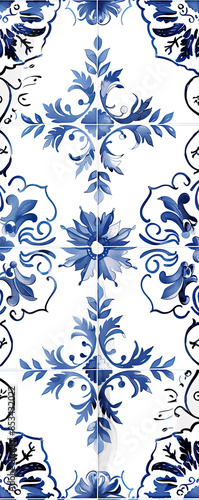 Blue and white azulejo wallpaper, intricate floral and geometric shapes, traditional design.