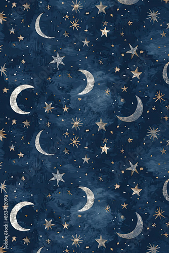 Mystical celestial wallpaper, navy background, silver stars and moon motifs, ethereal textures.