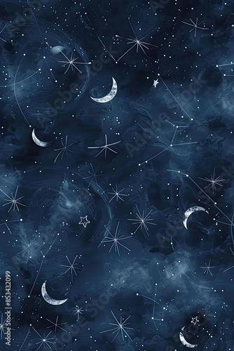 Celestial wallpaper, deep navy with silver stars and moons, constellations, soft dim lighting.