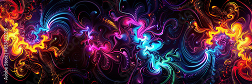 Abstract fractal design: seamless tile, neon lines, bright, high-contrast, black backdrop.