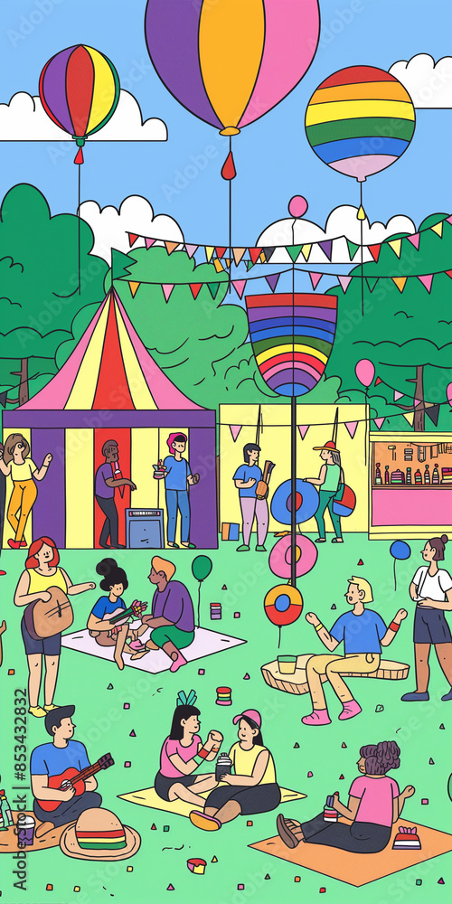 A colorful scene of people at a carnival with a rainbow flag in the background A colorful scene of people at a carnival with a rainbow flag in the background