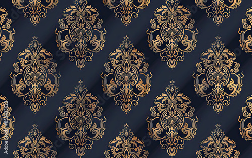 Luxurious damask wallpaper: deep navy, gold motifs, ornate, rich textures, opulent design.
