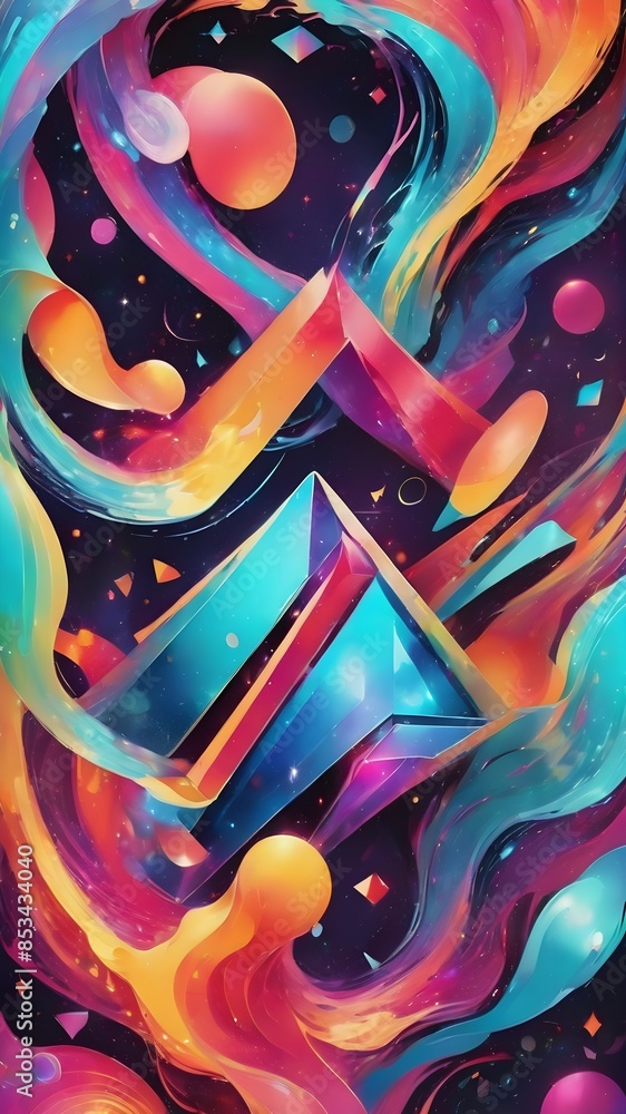 Fototapeta premium A colorful abstract painting with a blue triangle and red and yellow squares. The painting is full of bright colors and has a sense of movement