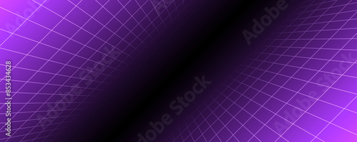 Purple glowing neon wireframe background. Shining checkered diagonal grid planes in depth. Retro futuristic wallpaper. Arcade game sci fi matrix surface backdrop for poster, banner. Vector