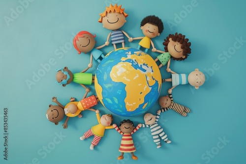 an animated family of different races holding hands around the globe