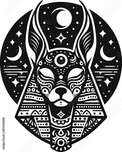 anubis in silhouete with bohemian nature pattern illustration