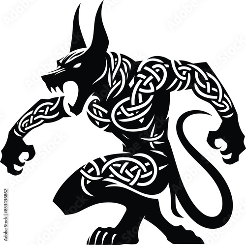 anubis in silhouete with celtic knot pattern illustration