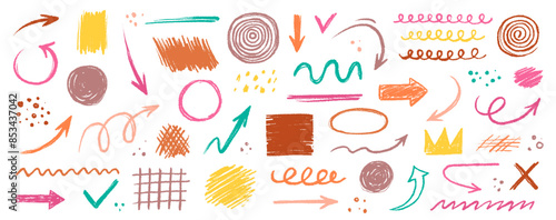 Arrow abstract brush line stroke color vector set. Kid color paint square, spiral, arrow element shape scribble line brush hand drawn sketch design. Grunge abstract chalk, crayon pencil style. Vector