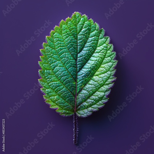 A closeup of a green petal leaf isolated against a deep purple background, its lush texture and rich color creating a captivating image photo