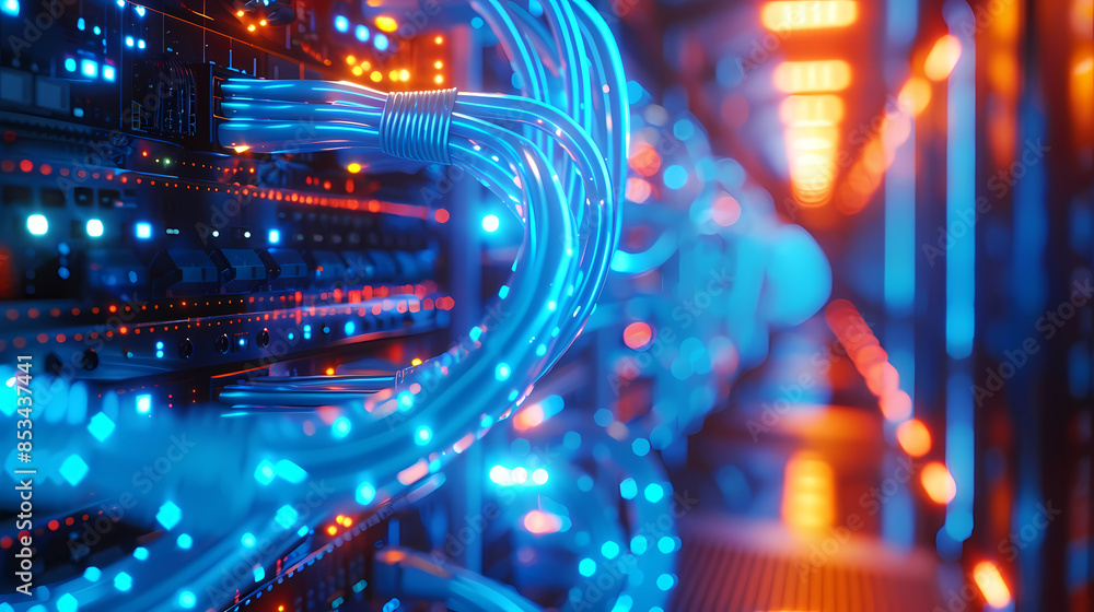 Close up of network cables and switches in a data center