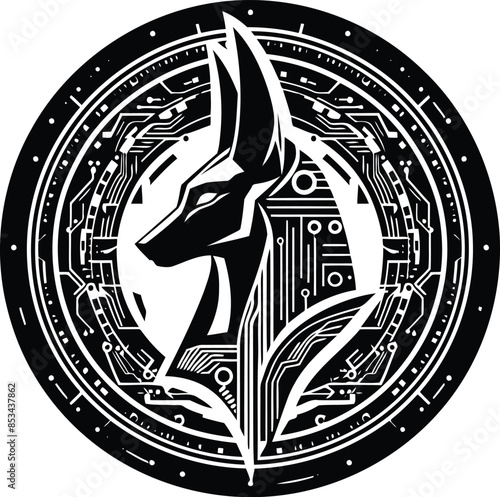 anubis silhouete with cyberpunk pattern illustration