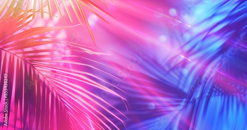 Abstract background with rays of light in pink and blue colors, like palm leaves. The concept symbolizes the summer season, party mood, vibrant atmosphere, neon light effect