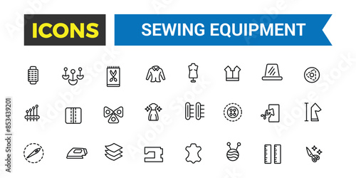 Sewing equipment and needlework icon set. Outline icons pack. Editable vector icon and illustration.