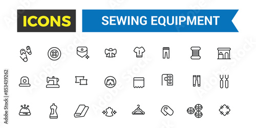 Sewing equipment and needlework icon set. Outline icons pack. Editable vector icon and illustration.