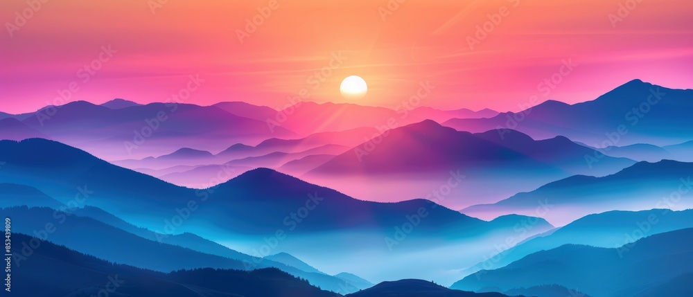 Colorful mountain scene with a rising sun, featuring contrasting hues, perfect for creating dramatic and nostalgic visuals