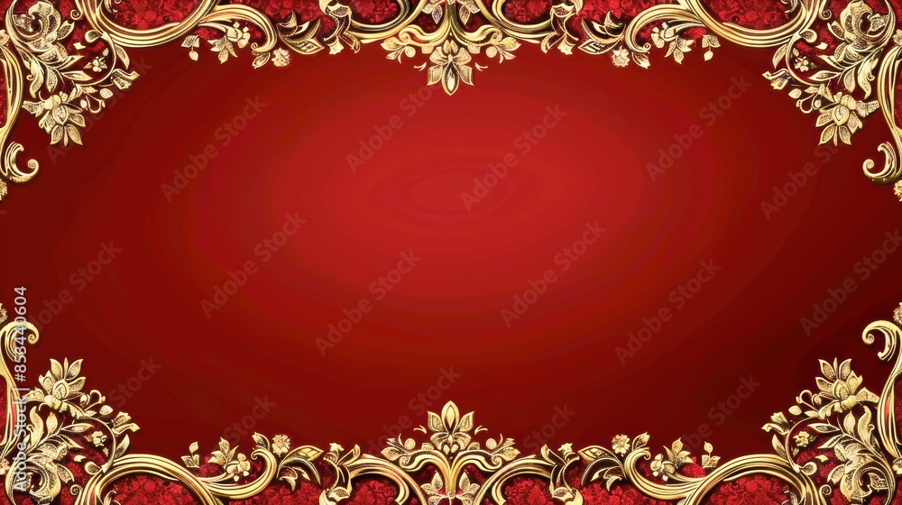 Golden ornate border with intricate patterns on a deep red background, perfect for luxurious and elegant designs Golden ornate border with intricate patterns on a deep red background, perfect for luxurious and elegant designs