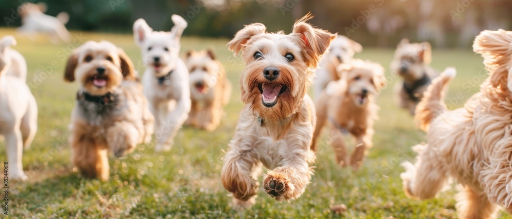 Group of adorable dogs having fun on a sunny day in the park, running on green grass and enjoying the outdoors Group of adorable dogs having fun on a sunny day in the park, running on green grass and enjoying the outdoors