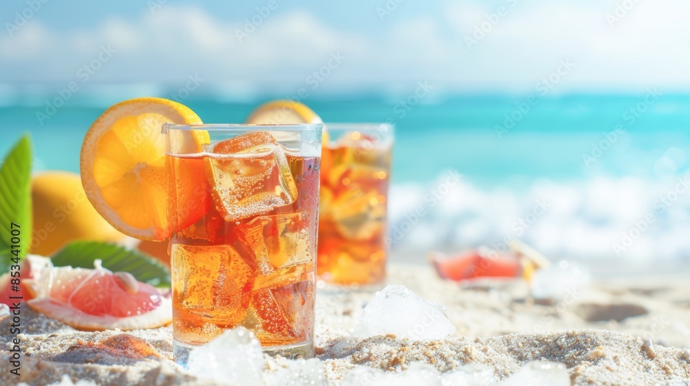 Iced drinks at a beach party with friends, representing summer fun and relaxation Iced drinks at a beach party with friends, representing summer fun and relaxation