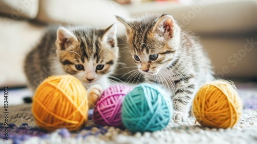 Kittens playing with colorful yarn balls in a cozy living room, emphasizing their playful nature