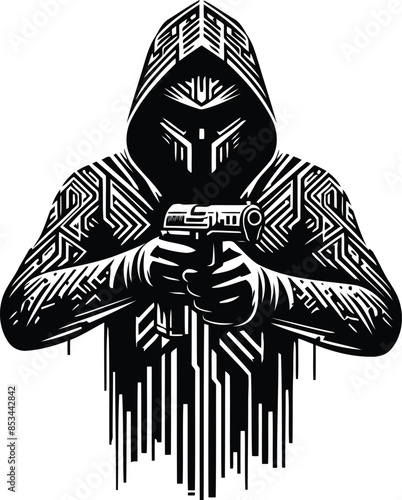 assasin silhouete with cyberpunk pattern illustration